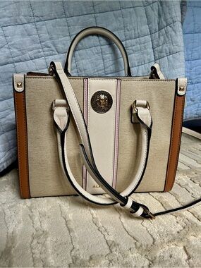 Aldo Beige Canvas & White Trim Satchel with Brown and Pink Accents